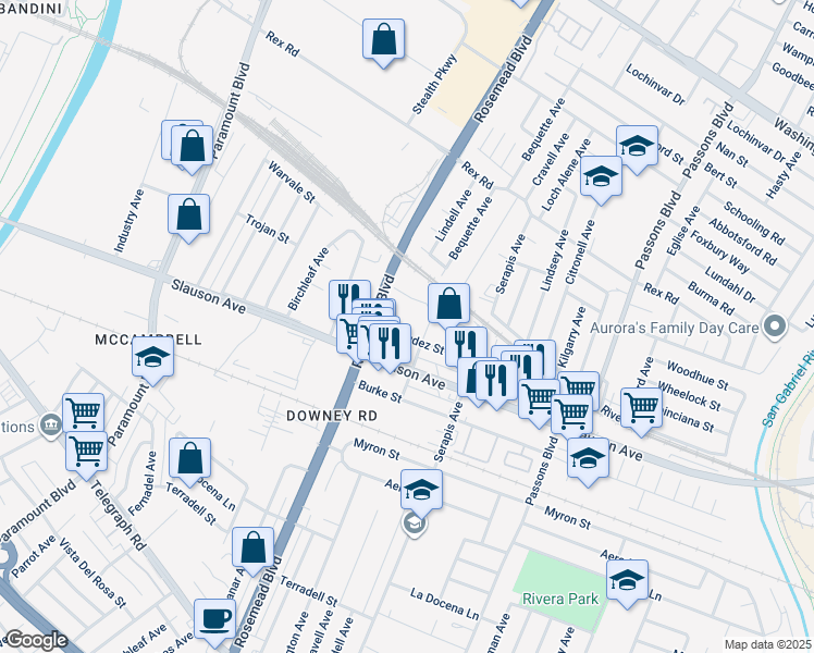 map of restaurants, bars, coffee shops, grocery stores, and more near 7636 Bequette Avenue in Pico Rivera