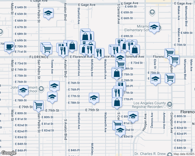 map of restaurants, bars, coffee shops, grocery stores, and more near 824 East 75th Street in Los Angeles