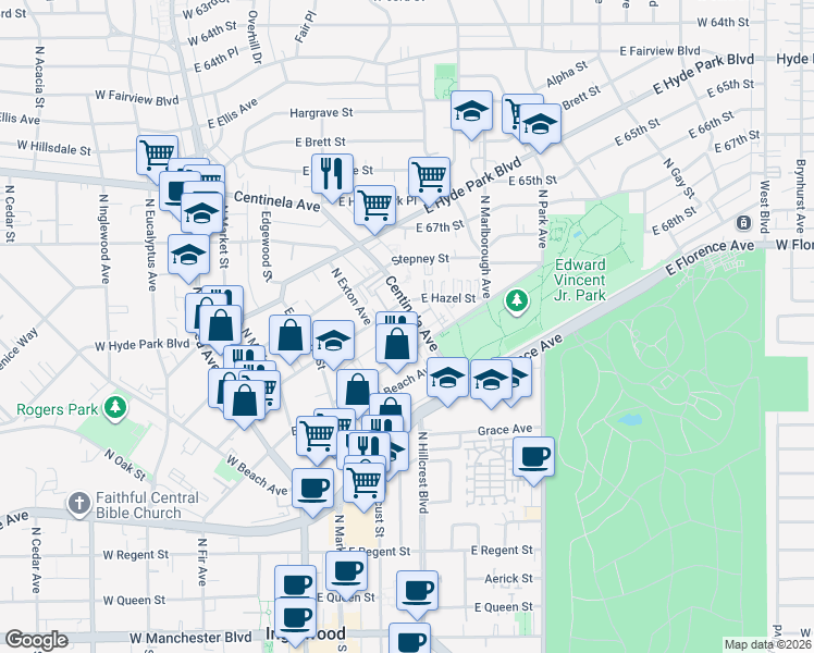 map of restaurants, bars, coffee shops, grocery stores, and more near 417 Centinela Avenue in Inglewood