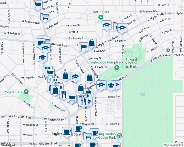 map of restaurants, bars, coffee shops, grocery stores, and more near 417 Centinela Avenue in Inglewood