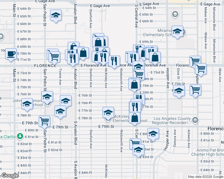 map of restaurants, bars, coffee shops, grocery stores, and more near 822 East 75th Street in Los Angeles