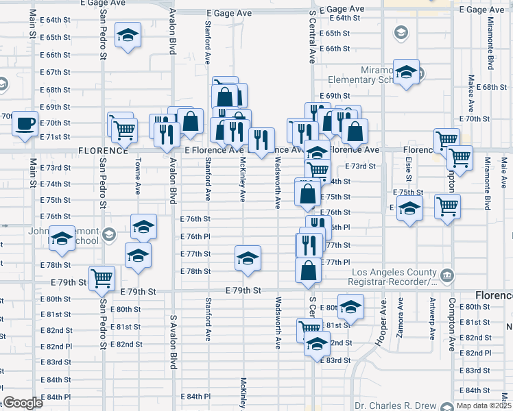 map of restaurants, bars, coffee shops, grocery stores, and more near 822 East 75th Street in Los Angeles