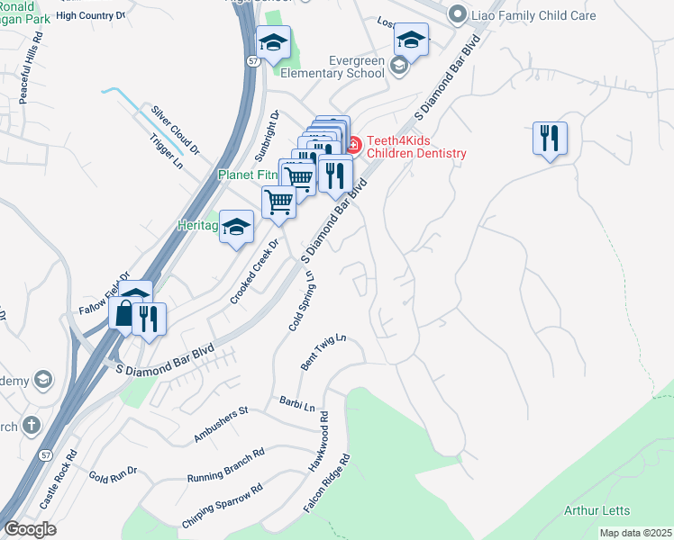 map of restaurants, bars, coffee shops, grocery stores, and more near 2910 Malaga Circle in Diamond Bar