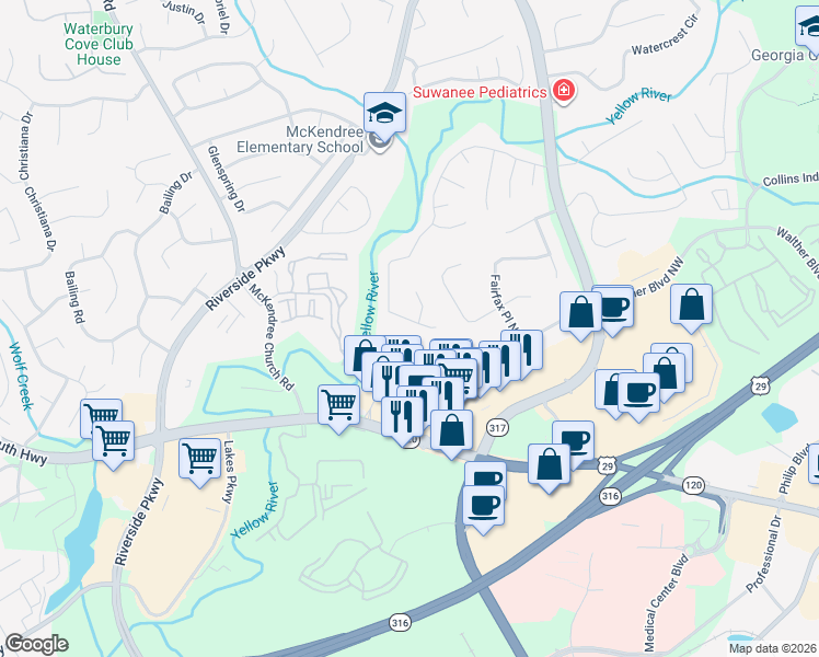 map of restaurants, bars, coffee shops, grocery stores, and more near 1165 River Overlook Drive Northwest in Lawrenceville