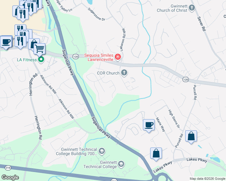map of restaurants, bars, coffee shops, grocery stores, and more near 1571 Dehaven Court in Lawrenceville