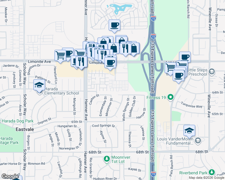 map of restaurants, bars, coffee shops, grocery stores, and more near 6384 Marbella Lane in Eastvale