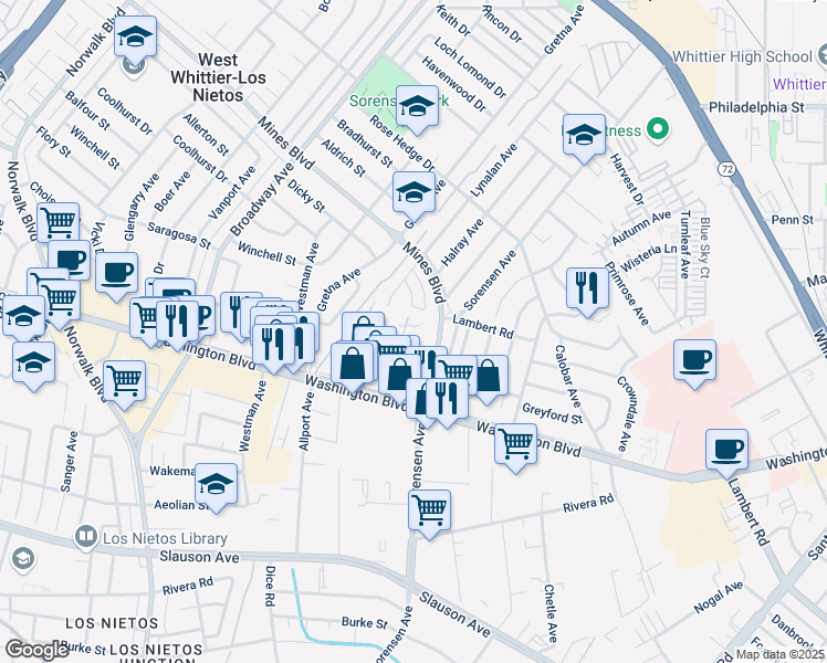 map of restaurants, bars, coffee shops, grocery stores, and more near 7823 Chatfield Avenue in Whittier