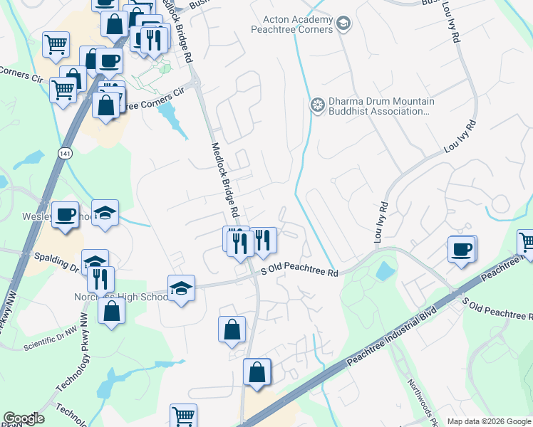 map of restaurants, bars, coffee shops, grocery stores, and more near 3204 Claudia Place in Peachtree Corners