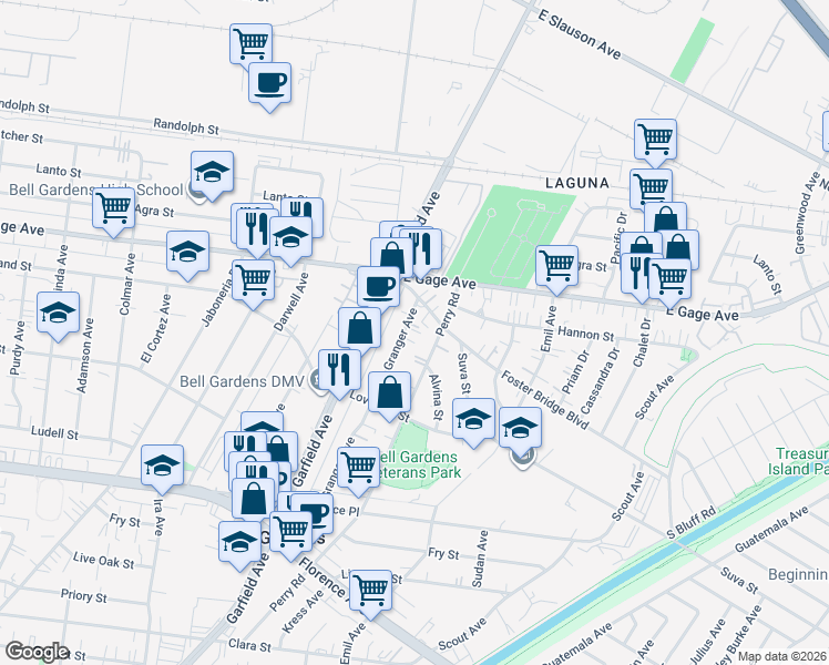 map of restaurants, bars, coffee shops, grocery stores, and more near 6632 Granger Avenue in Bell Gardens