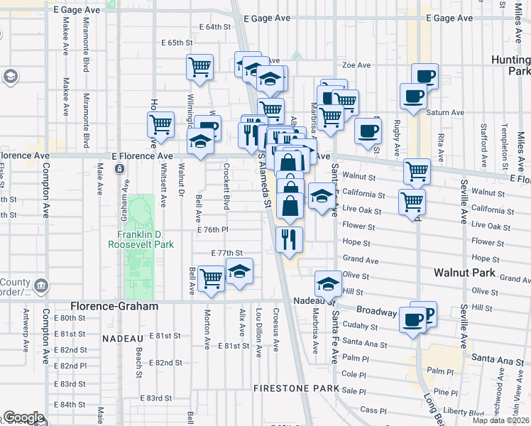 map of restaurants, bars, coffee shops, grocery stores, and more near 2078 East 76th Street in Los Angeles