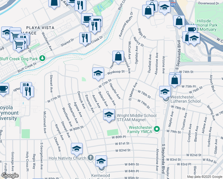 map of restaurants, bars, coffee shops, grocery stores, and more near 7733 Henefer Avenue in Los Angeles