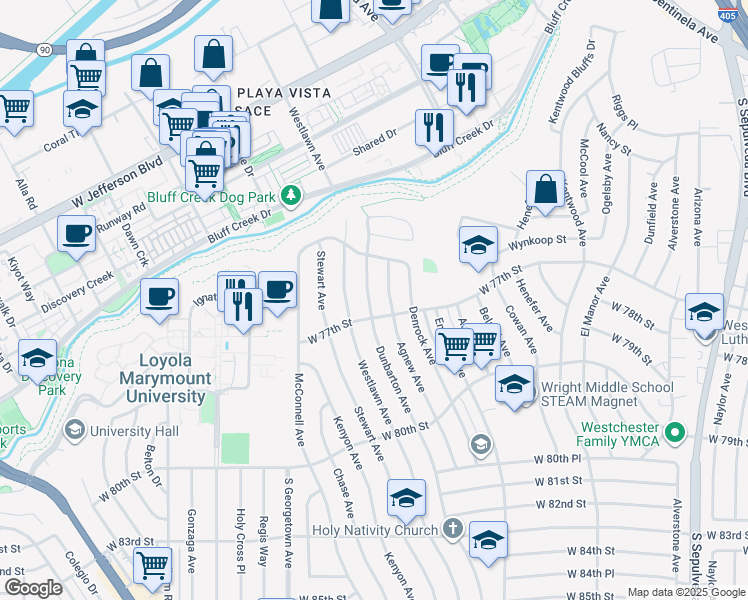 map of restaurants, bars, coffee shops, grocery stores, and more near 7534 Dunbarton Avenue in Los Angeles