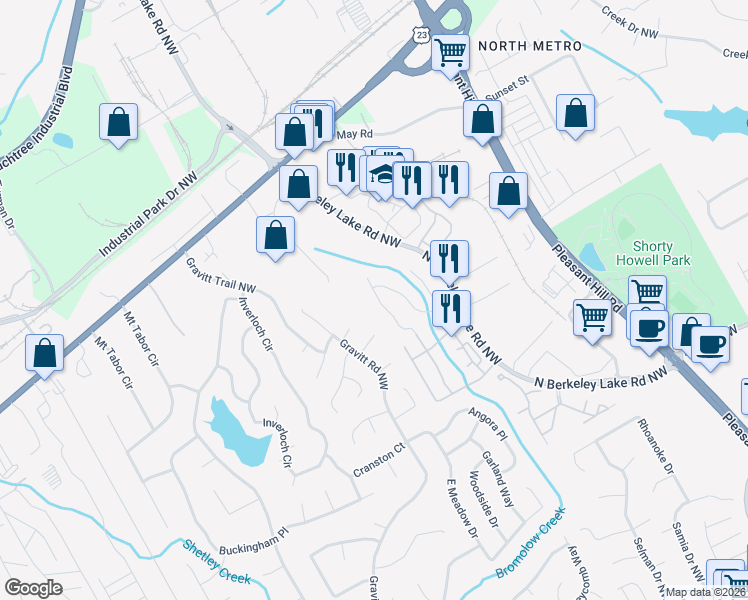 map of restaurants, bars, coffee shops, grocery stores, and more near 4081 Howell Park Road in Duluth