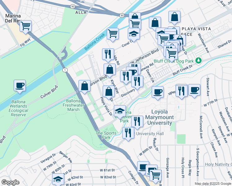 map of restaurants, bars, coffee shops, grocery stores, and more near 13080 Pacific Promenade in Los Angeles