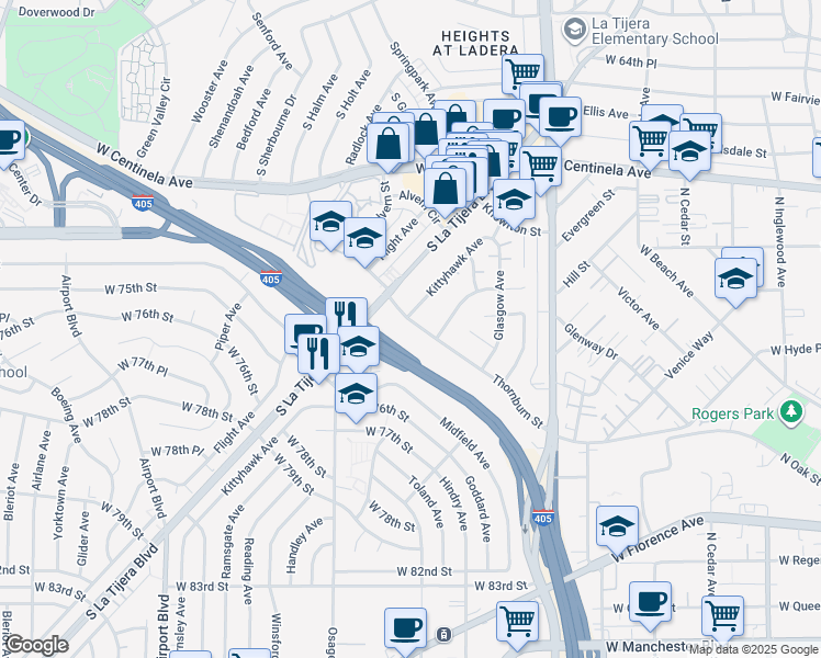map of restaurants, bars, coffee shops, grocery stores, and more near 5432 Thornburn Street in Los Angeles