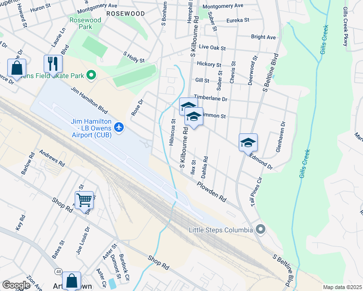 map of restaurants, bars, coffee shops, grocery stores, and more near 1505 South Kilbourne Road in Columbia