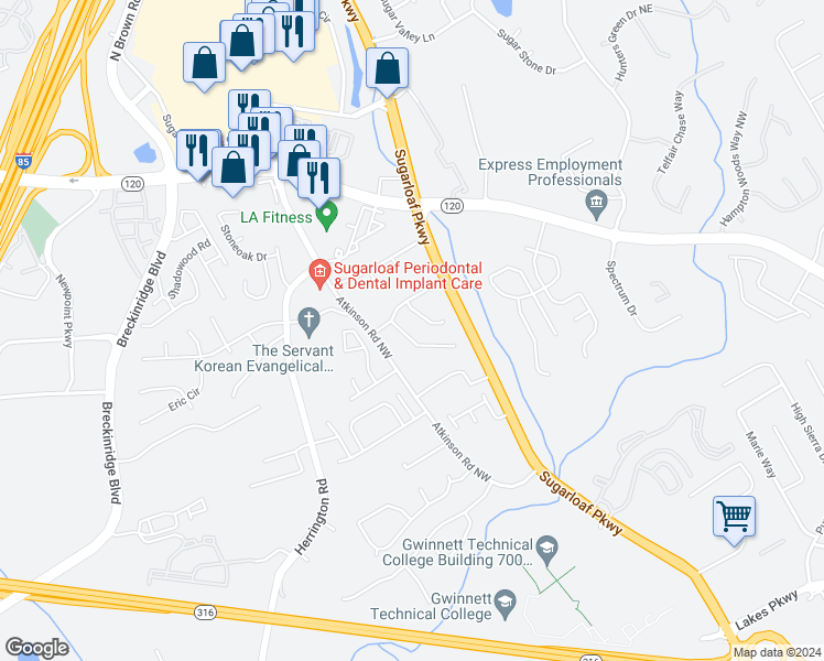 map of restaurants, bars, coffee shops, grocery stores, and more near 1705 Westfield Court Northwest in Lawrenceville