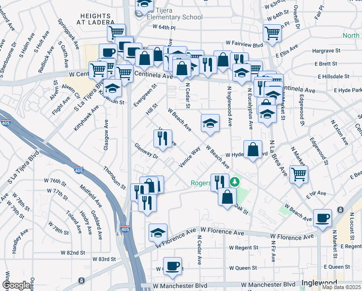 map of restaurants, bars, coffee shops, grocery stores, and more near 821 Victor Avenue in Inglewood