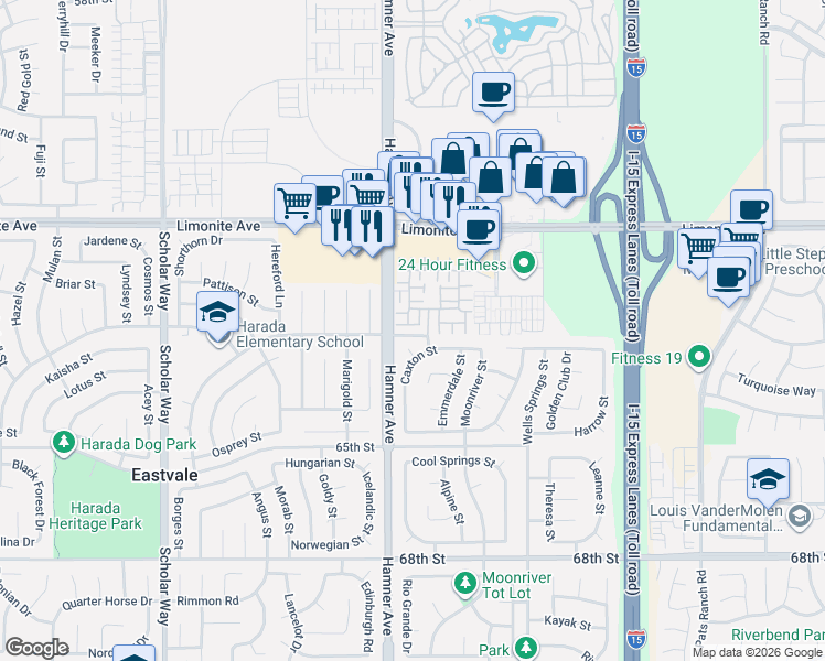 map of restaurants, bars, coffee shops, grocery stores, and more near 12549 Cipriano Lane in Eastvale