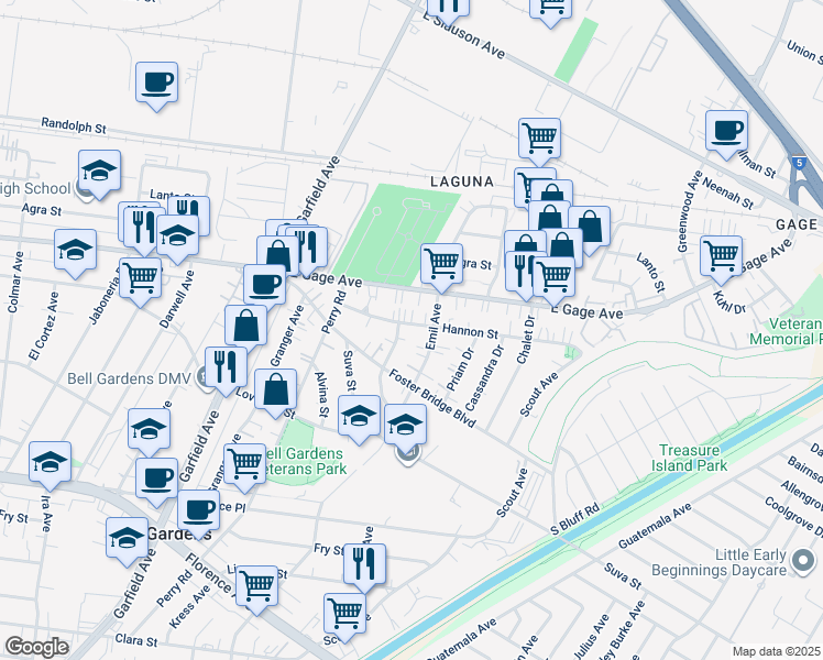 map of restaurants, bars, coffee shops, grocery stores, and more near 6612 Hannon Street in Bell Gardens