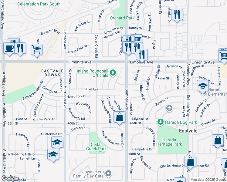 map of restaurants, bars, coffee shops, grocery stores, and more near 13479 Kiwi Avenue in Corona