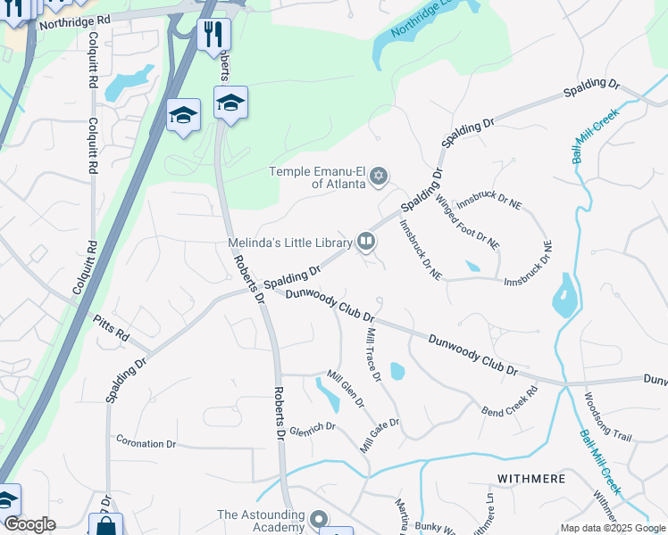 map of restaurants, bars, coffee shops, grocery stores, and more near 1495 Spalding Drive in Atlanta