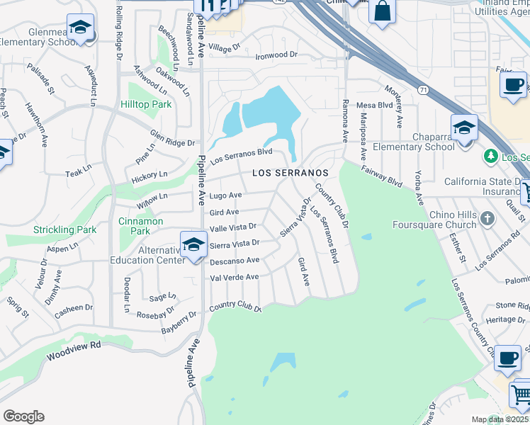 map of restaurants, bars, coffee shops, grocery stores, and more near 4271 Gird Avenue in Chino Hills