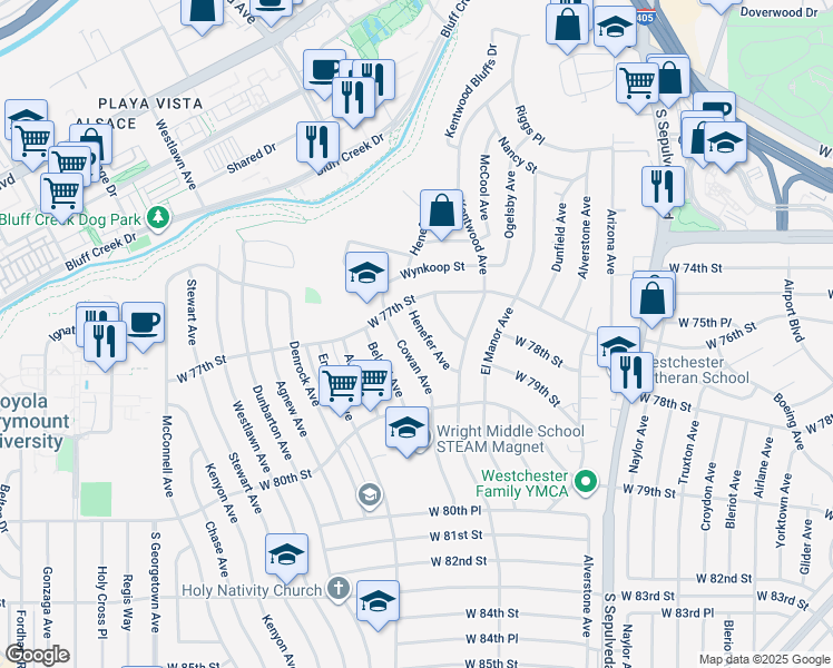map of restaurants, bars, coffee shops, grocery stores, and more near 7733 Henefer Avenue in Los Angeles
