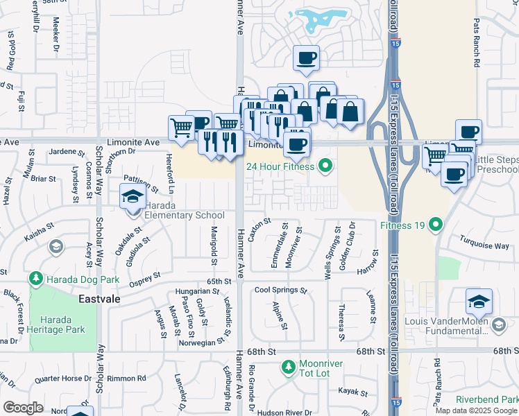 map of restaurants, bars, coffee shops, grocery stores, and more near 12533 Cipriano Lane in Eastvale