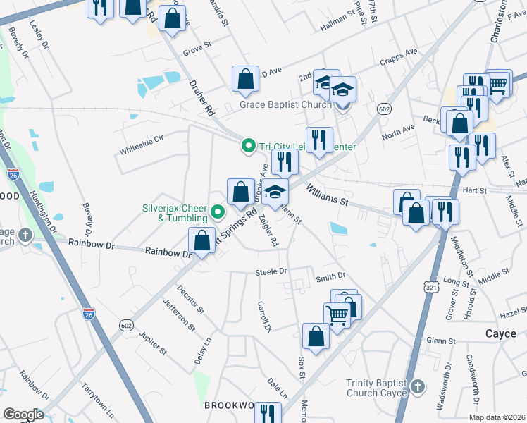 map of restaurants, bars, coffee shops, grocery stores, and more near 2029 Platt Springs Road in West Columbia