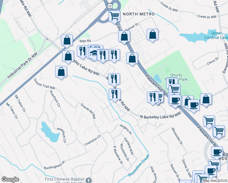 map of restaurants, bars, coffee shops, grocery stores, and more near 3905 Howell Park Road in Duluth