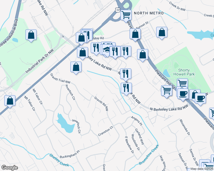 map of restaurants, bars, coffee shops, grocery stores, and more near 4080 Howell Park Road in Duluth