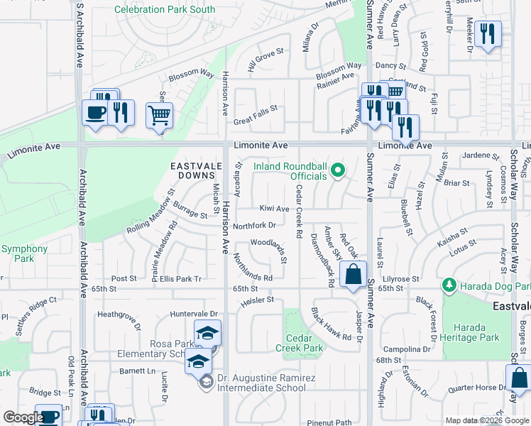 map of restaurants, bars, coffee shops, grocery stores, and more near 13696 Kiwi Ave in Corona
