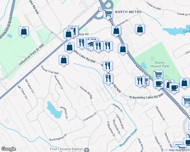 map of restaurants, bars, coffee shops, grocery stores, and more near 3971 Howell Park Road in Duluth
