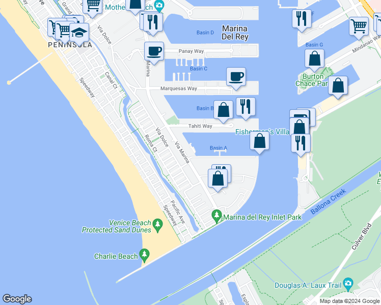map of restaurants, bars, coffee shops, grocery stores, and more near 4478 Vía Marina in Marina del Rey