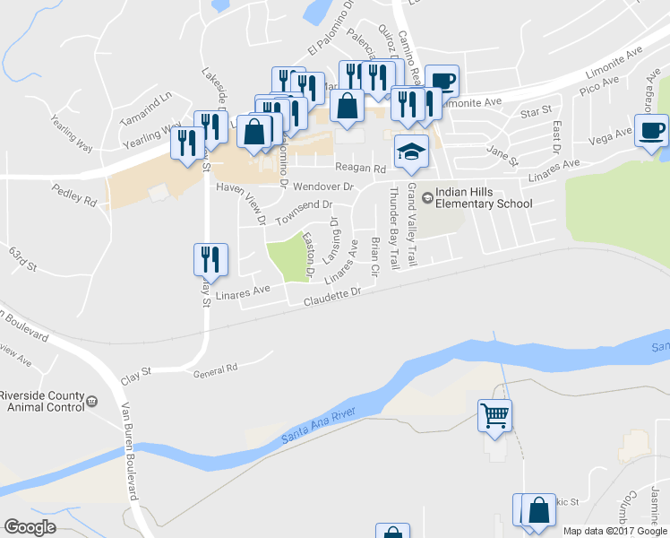 map of restaurants, bars, coffee shops, grocery stores, and more near 7939 Linares Avenue in Riverside