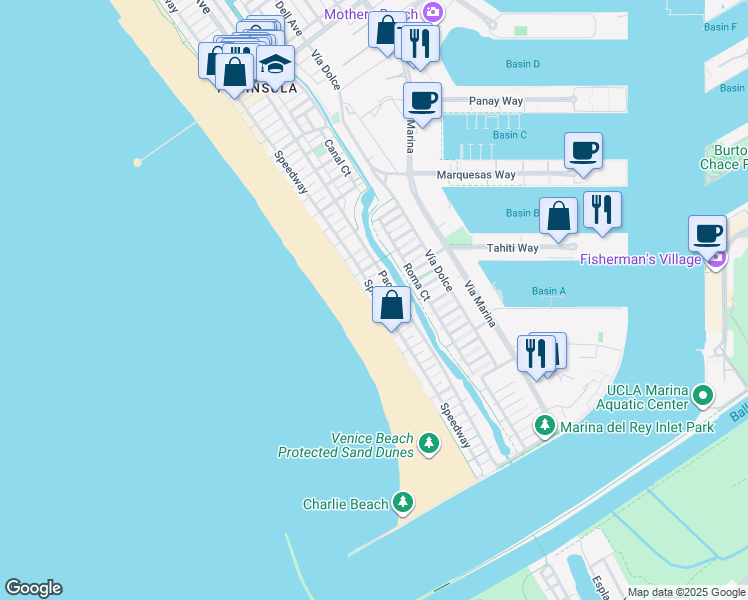 map of restaurants, bars, coffee shops, grocery stores, and more near 1 Northstar Street in Marina del Rey