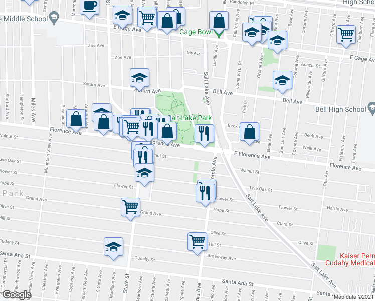 map of restaurants, bars, coffee shops, grocery stores, and more near 3400 East Florence Avenue in Huntington Park