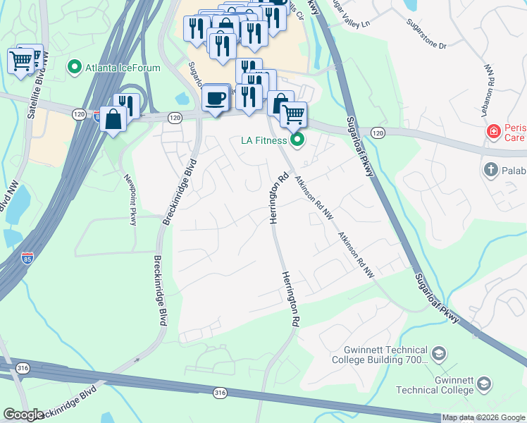 map of restaurants, bars, coffee shops, grocery stores, and more near 2074 Atkinson Lane in Lawrenceville