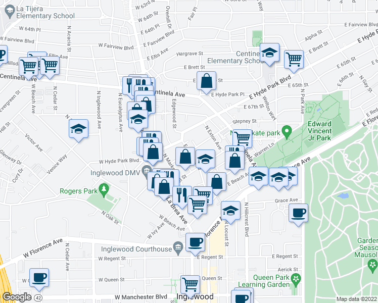 map of restaurants, bars, coffee shops, grocery stores, and more near Edgewood Street in Inglewood
