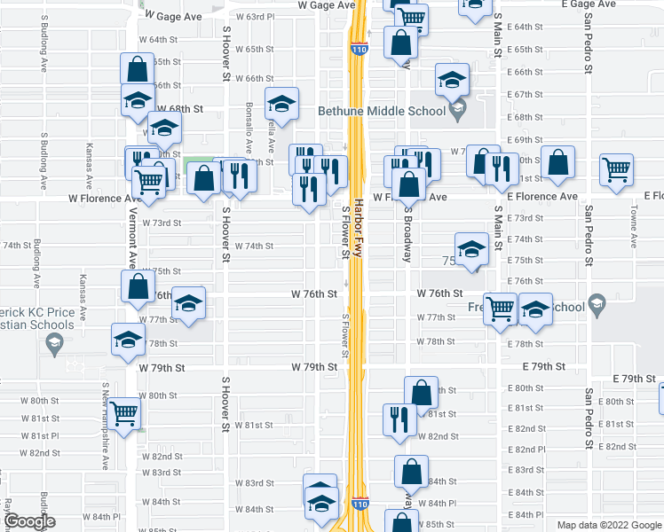 map of restaurants, bars, coffee shops, grocery stores, and more near 441 West 75th Street in Los Angeles