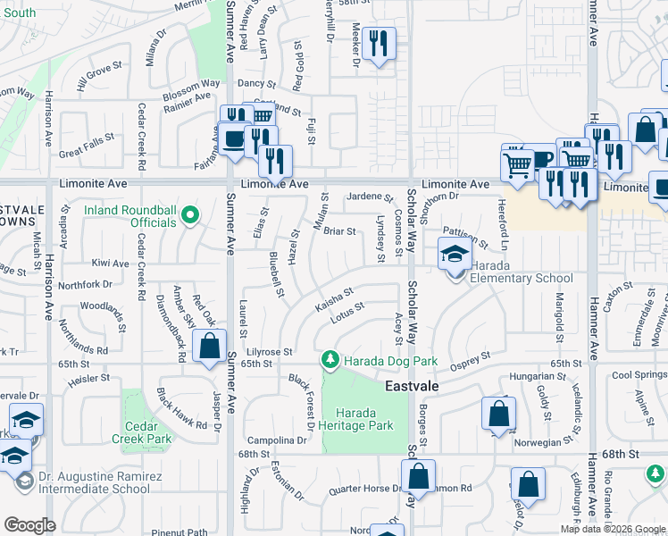 map of restaurants, bars, coffee shops, grocery stores, and more near 6377 Erica Court in Corona