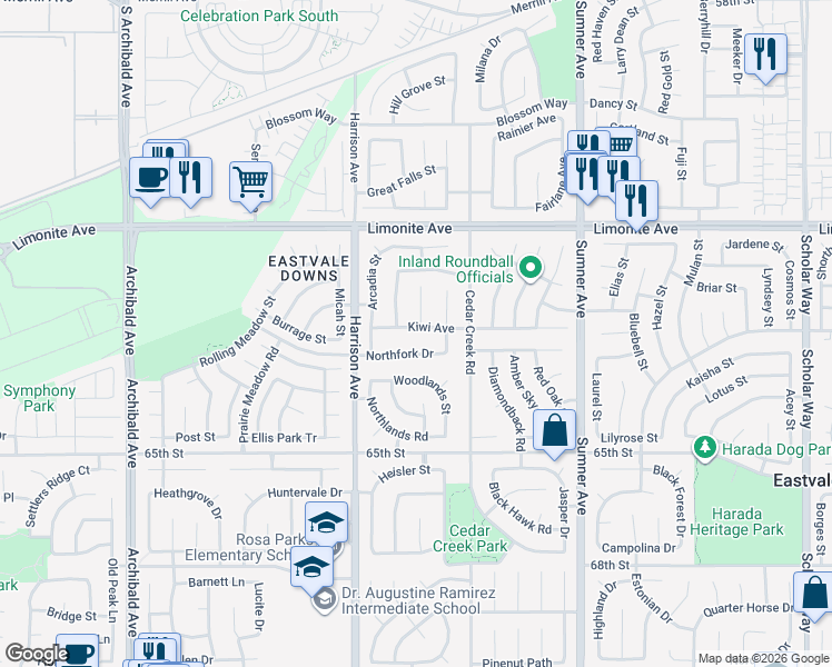 map of restaurants, bars, coffee shops, grocery stores, and more near 13696 Kiwi Avenue in Corona