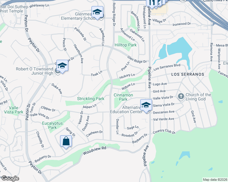 map of restaurants, bars, coffee shops, grocery stores, and more near 15477 Rolling Ridge Drive in Chino Hills