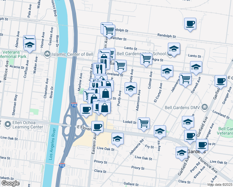 map of restaurants, bars, coffee shops, grocery stores, and more near 6622 Ajax Avenue in Bell Gardens