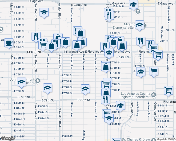map of restaurants, bars, coffee shops, grocery stores, and more near 822 East 75th Street in Los Angeles
