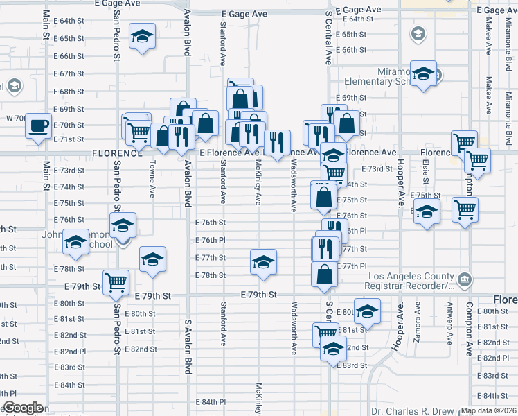 map of restaurants, bars, coffee shops, grocery stores, and more near 736 East 75th Street in Los Angeles