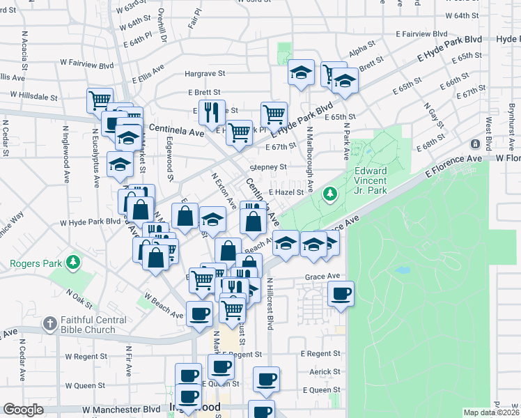 map of restaurants, bars, coffee shops, grocery stores, and more near 410 East Hazel Street in Inglewood