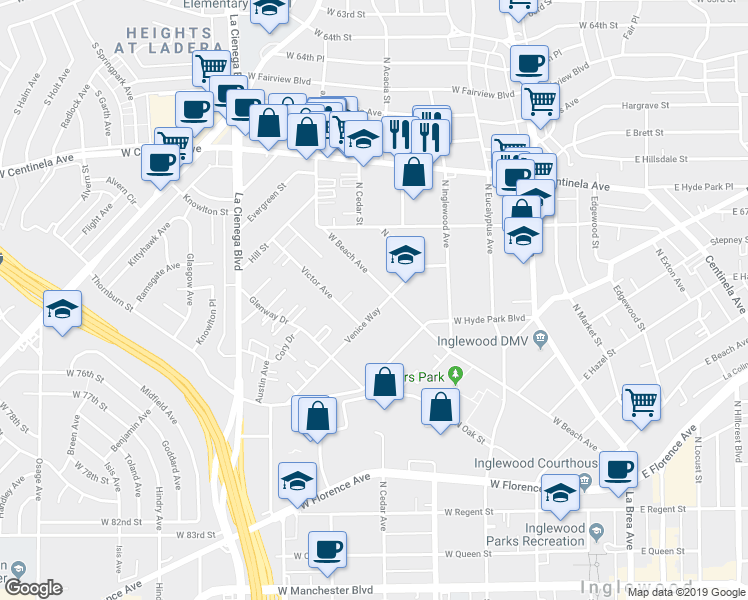 map of restaurants, bars, coffee shops, grocery stores, and more near 815 Victor Avenue in Inglewood