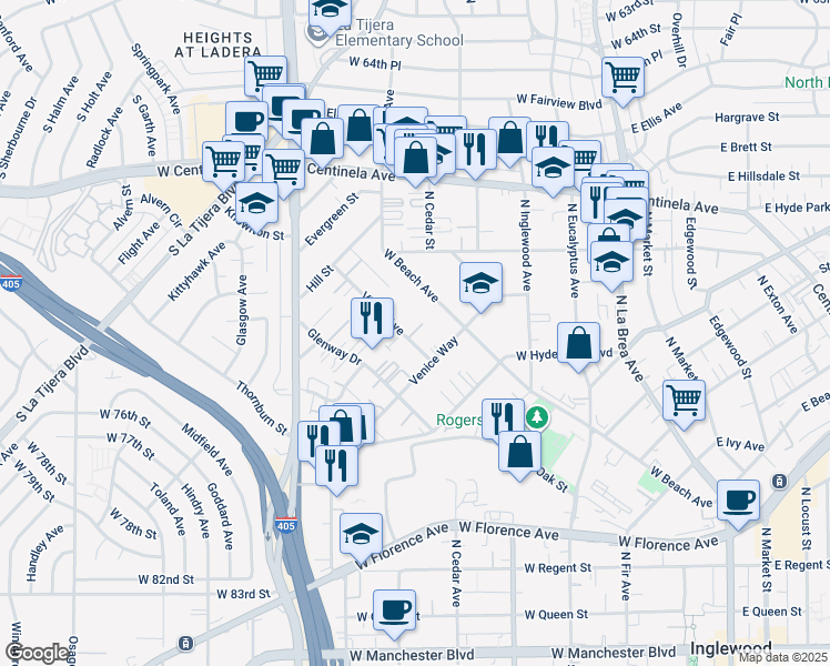 map of restaurants, bars, coffee shops, grocery stores, and more near 815 Victor Avenue in Inglewood